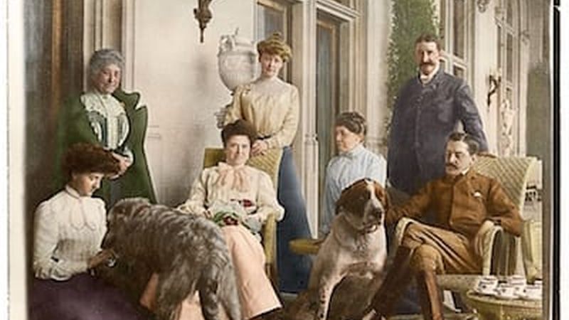 This colorized version of a photograph from the Vanderbilt archives depicts afternoon tea on the Loggia of Biltmore House with the Vanderbilts, September 1900.